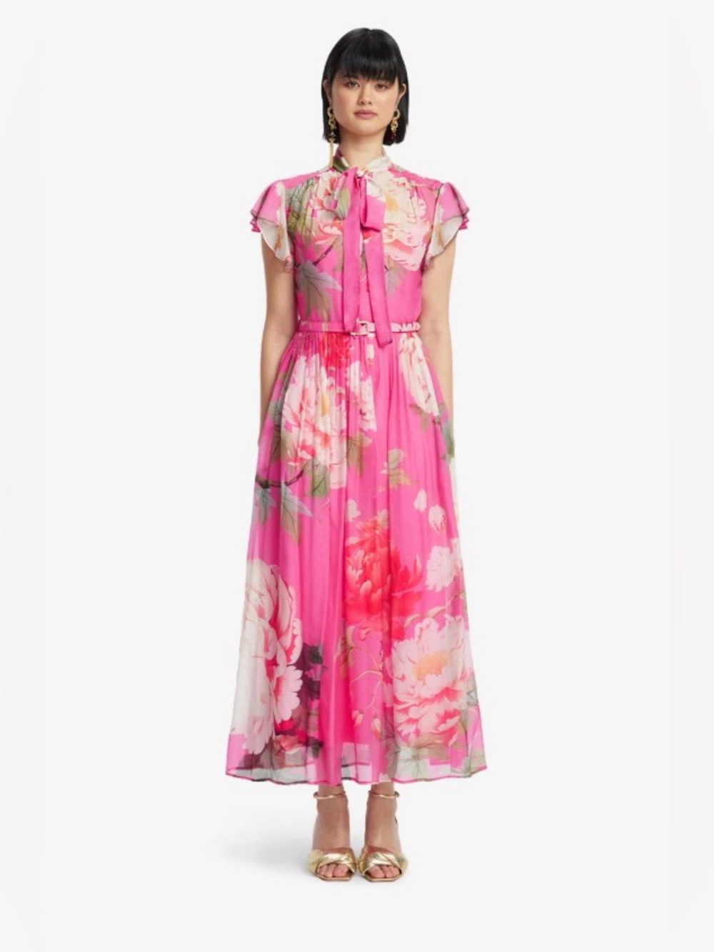 Leo Lin Grace Flutter Sleeve Silk Bow Floral Print Midi Dress AU8/US4 NWOT